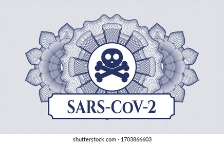 Blue passport style rosette. Vector Illustration. Detailed with crossbones icon and SARS-CoV-2 text inside