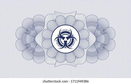 Blue passport style rosette. Vector Illustration. Detailed with biohazard covid-19 icon inside