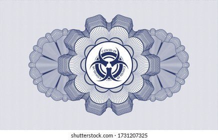 Blue passport style rosette. Vector Illustration. Detailed with biohazard covid-19 icon inside