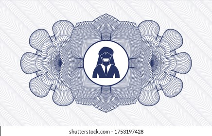 Rosette im Stil eines blauen Reisepasses. Vektorgrafik. Detaillierte Angaben mit einer Frau, die ein Symbol für Gesichtsmaske trägt