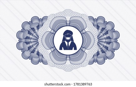 Blue passport style rosette. Vector Illustration. Detailed with woman wearing face mask icon inside