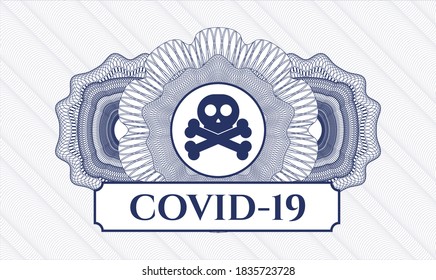 Rosette estilo pasaporte azul. Ilustración vectorial. Detallado con el icono cruzado y el texto COVID-19 dentro