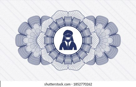 Blue passport style rosette. Vector Illustration. Detailed with woman wearing face mask icon inside