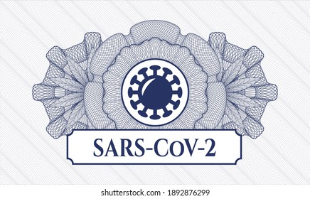 Blue passport style rosette. Vector Illustration. Detailed with coronavirus icon and SARS-CoV-2 text inside