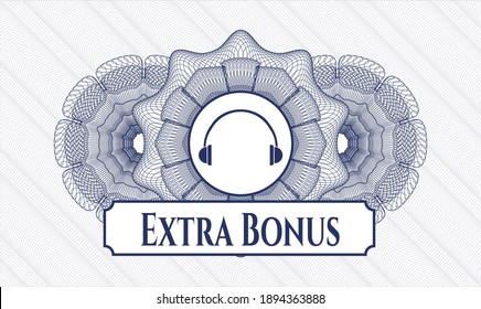 Rosette estilo pasaporte azul. Ilustración vectorial. Detallado con icono de auriculares y texto extra dentro