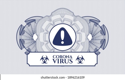 Rosette im Stil eines blauen Reisepasses. Vektorgrafik. Detaillierte Angaben mit dem Warnsymbol und dem Text von Coronavirus