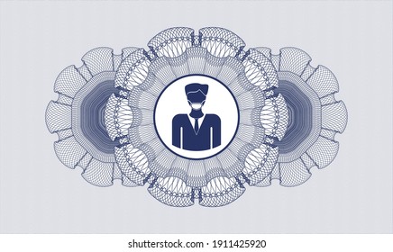 Blue passport style rosette. Vector Illustration. Detailed with man wearing face mask icon inside