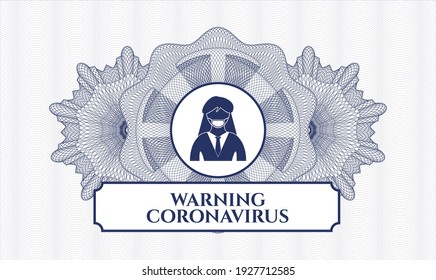 Blue passport style rosette. Vector Illustration. Detailed with woman wearing face mask icon and Warning Coronavirus text inside
