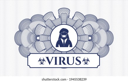 Blue passport style rosette. Vector Illustration. Detailed with woman wearing face mask icon and Virus text inside