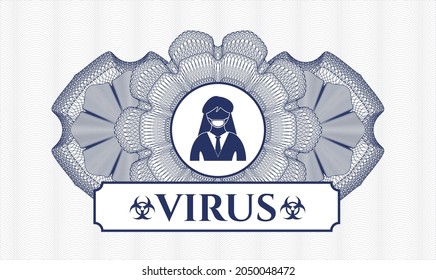 Rosette im Stil eines blauen Reisepasses. Vektorgrafik. Detaillierte Angaben mit Frauen, die Gesichtsmaske-Symbol und Virus-Text im Inneren tragen