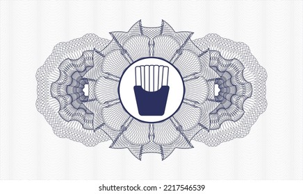 Blue passport style rosette. Vector Illustration. Detailed with fries icon inside