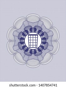 Blue passport style rosette with wastepaper basket icon inside