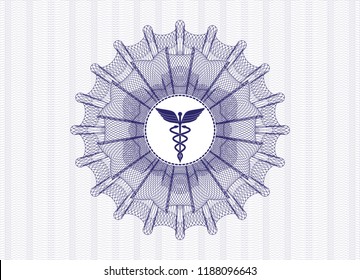Blue passport style rossete with Caduceus medical icon inside
