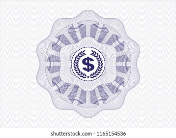 Blue passport style rossete with laurel wreath with money symbol inside icon inside