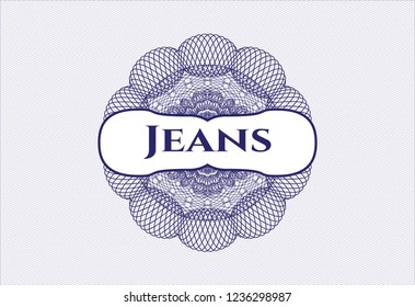 Blue passport style rossete with text Jeans inside