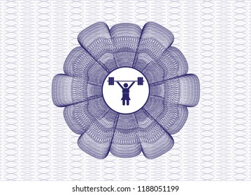 Blue passport style rossete with weightlifter girl icon inside