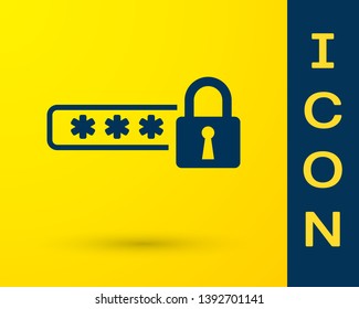 Blue Password protection and safety access icon isolated on yellow background. Lock icon. Security, safety, protection, privacy concept. Vector Illustration