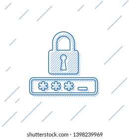 Blue Password protection and safety access line icon isolated on white background. Lock icon. Security, safety, protection, privacy concept. Vector Illustration