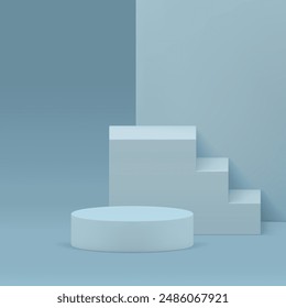 Blue pastel 3d showcase podium mock up for product show presentation realistic vector illustration. Stylish geometric showroom cylinder pedestal platform with staircase and wall background