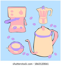 El fondo azul pastel con cafetera, maceta de Moka, una taza de té, un hervidor de agua y judías de café