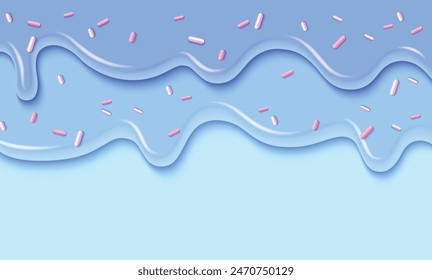 Blue pastel candy or ice cream drip with pink sprinkle decoration. Realistic 3d vector illustration of sweet dessert border with melted flowing frosting. Liquid icing and creamy glaze pattern.