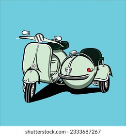 blue pastel classic scooter with sidecar flat design vector