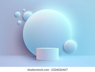 Blue pastel colors and modern minimalism in this 3D realistic showcase podium. With a circle backdrop and sleek design, this vector illustration is perfect for presenting your products. Vector