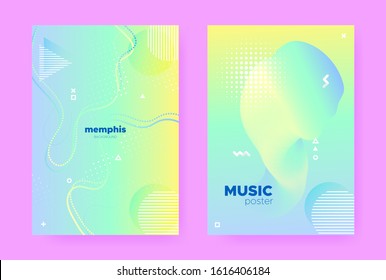 Blue Pastel Cover. Abstract Memphis Illustration. Fresh Liquid Design. Music Placard. Pastel Poster. Green Abstract Memphis Elements. Yellow Liquid Banner. Hologram Brochure. Pastel Shape.