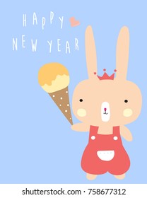 Blue pastel greeting card with rabbit holds ice cream and happy new year wording