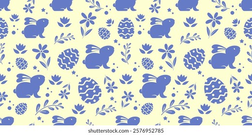 Blue pastel hand-drawn easter seamless pattern with bunnies, doodles, flowers, easter eggs, and beautiful backgrounds for Easter cards, textile and wallpaper