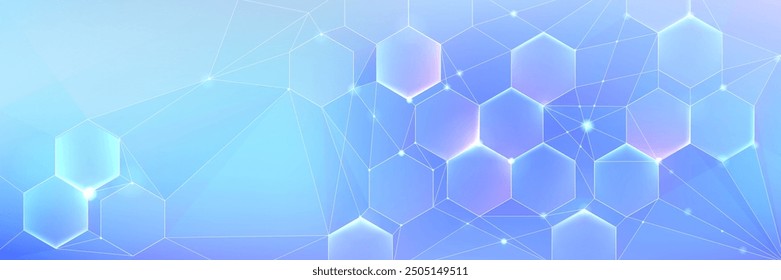 Blue pastel medical and tech background with hexagon pattern and bright sparkles. Realistic vector abstract bg with honeycomb geometric cell texture for medicine and science technology design.