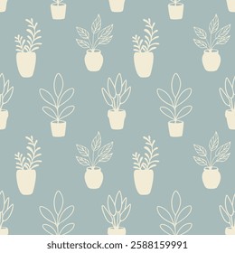 Blue pastel pattern with beige silhouette of indoor plants in flower pots, home vibe, cozy home, relaxation area, relaxation, remote work, comfortable conditions.