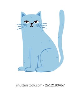 Blue pastel soft delicate kitten isolated on transparent background. Trendy modern cute kitty, cat in flat style for cards, scrapbooking, stickers.
