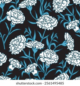 Blue Pastel Soft Floral Carnation Stalks on Dark. Perfect for floral designs, fabric prints, and home decor, creating a delicate and nature-inspired design perfect for various creative projects.