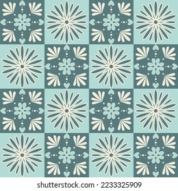 Blue pastel stylish ceramic tile, square seamless pattern with ornate swirls and fancy flowers, ceramic tile