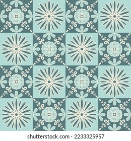 Baldosas de cerámica azul pastel con flores ornamentales y adornadas, ilustración vectorial de azulejos cerámicos