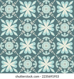 Blue pastel stylish ceramic tile, square seamless pattern with ornate swirls and fancy flowers,