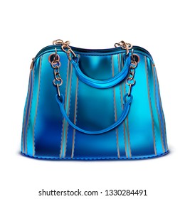 Blue patent striped women's bag with handles on the chains.