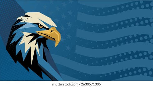 Blue patriotic stylized background with eagle head and United States flag – vector illustration