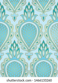 Blue pattern with abstract fruit. Seamless filigree ornament. Turquoise template for wallpaper, textile, shawl, carpet. 