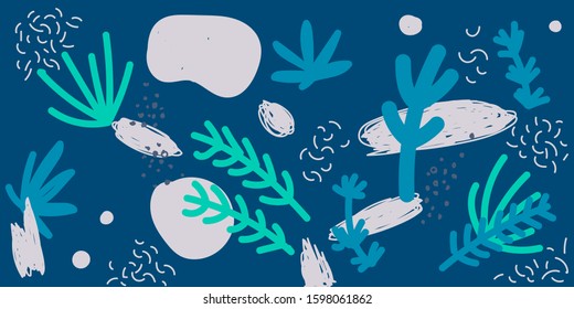 Blue pattern with abstract plants. Sea pattern. Vector graphic.