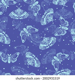 Blue pattern of beautiful butterflies. Insects seamless pattern. Vector illustration