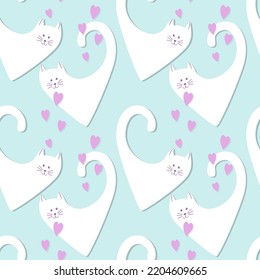 Blue pattern Cat and heart Valentines day, love, wedding. Pink and blue. Vector illustration