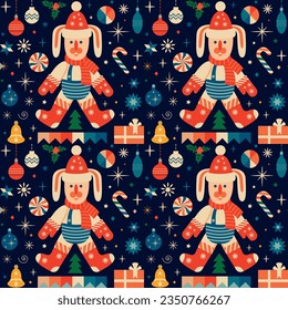 Blue pattern with Christmas toys and rabbits. Christmas background