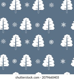 Blue pattern with Christmas tree lines and doodle white snowflakes. Winter texture, textiles, children wallpaper.