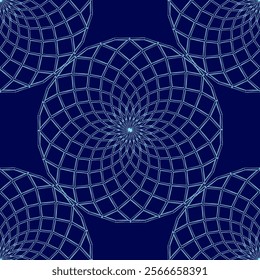 Blue pattern of circles with a blue background. The circles are all different sizes and are arranged in a way that creates a sense of movement and depth. Scene is one of calmness