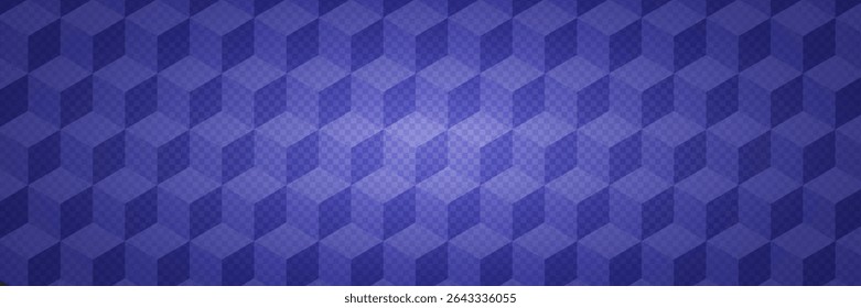 Blue Pattern With Cube On Transparent Checkerboard Background. Geometric Texture With Cubes And Grid. 3d Optic Illusion. Blue Abstract Bg With Checker Design. Tech Vector Graphic With Geometry Blocks.