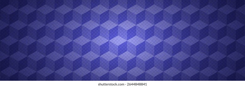 Blue Pattern With Cube On Transparent Checkerboard Background. Geometric Texture With Cubes And Grid. 3d Optic Illusion. Blue Abstract Bg With Checker Design. Tech Vector Graphic With Geometry Blocks.