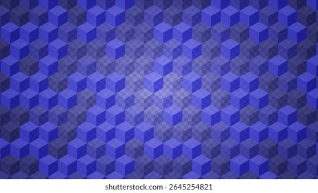 Blue Pattern With Cube On Transparent Checkerboard Background. Geometric Texture With Cubes And Grid. 3d Optic Illusion. Blue Abstract Bg With Checker Design. Tech Vector Graphic With Geometry Blocks.