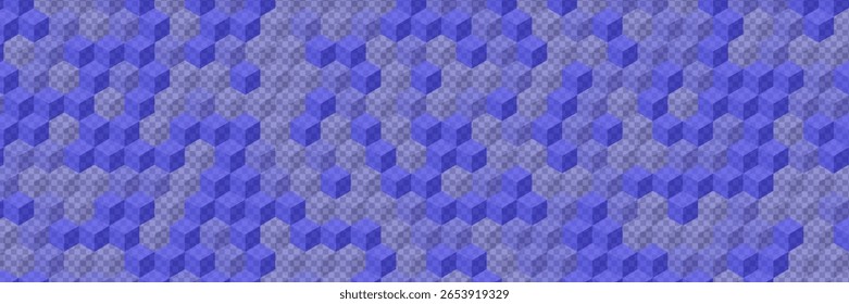 Blue Pattern With Cube On Transparent Checkerboard Background. Geometric Texture With Cubes And Grid. 3d Optic Illusion. Blue Abstract Bg With Checker Design. Tech Vector Graphic With Geometry Blocks.